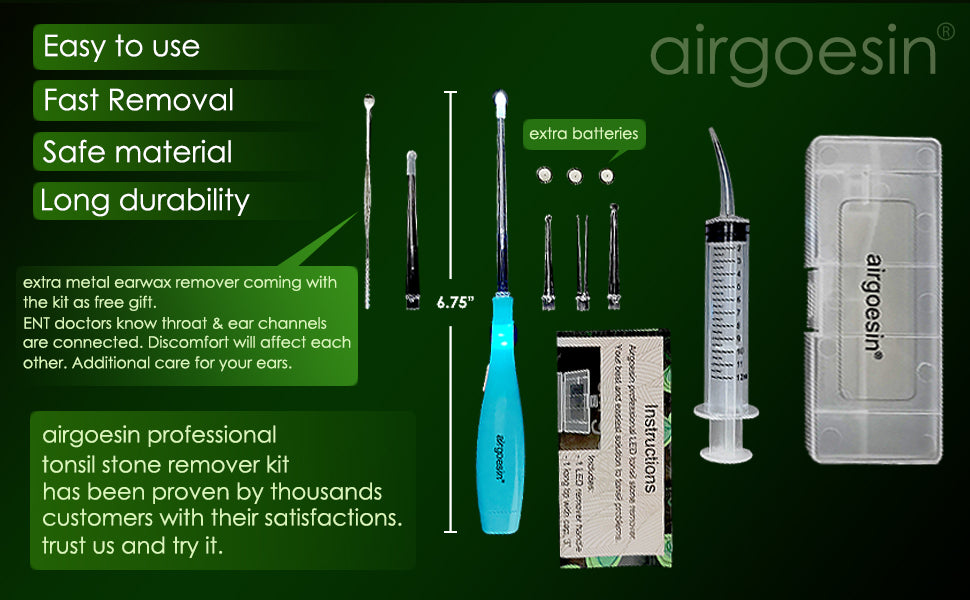 Airgoesin™ Upgraded Tonsil Stone Remover Tool, Blue, 5 Tips, Tonsillolith Pick Case + 1 Irrigator Fresh Breath Oral Rinse