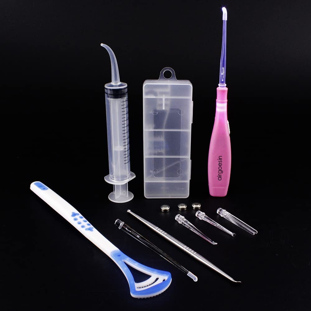 Airgoesin Professional Tonsil Stone Remover Tool LED Light (Blue) | Stainless Steel Extract Throat Stones Oral Care | Irrigation Syringe | Tongue Cleaner Scraper