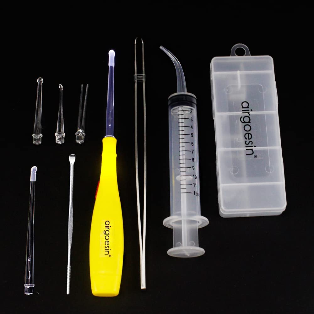 Airgoesin Tonsil Stone Removal Tool Lighted + Irrigation Syringe + Tonsillolith Tweezers Pliers (blue)