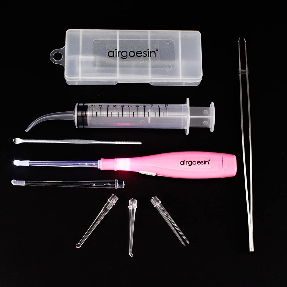 Airgoesin Tonsil Stone Removal Tool Lighted + Irrigation Syringe + Tonsillolith Tweezers Pliers (blue)