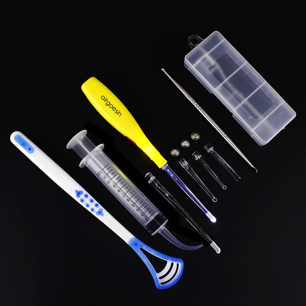 Airgoesin Professional Tonsil Stone Remover Tool LED Light (Blue) | Stainless Steel Extract Throat Stones Oral Care | Irrigation Syringe | Tongue Cleaner Scraper