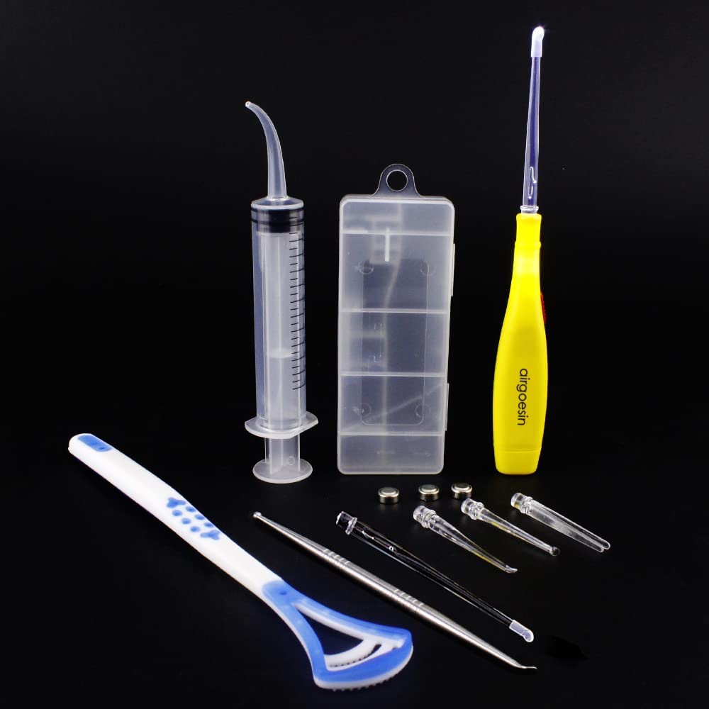 Airgoesin Professional Tonsil Stone Remover Tool LED Light | Stainless Steel Tonsillolith Pick Oral Care | Irrigation Syringe | Tongue Cleaner Scraper