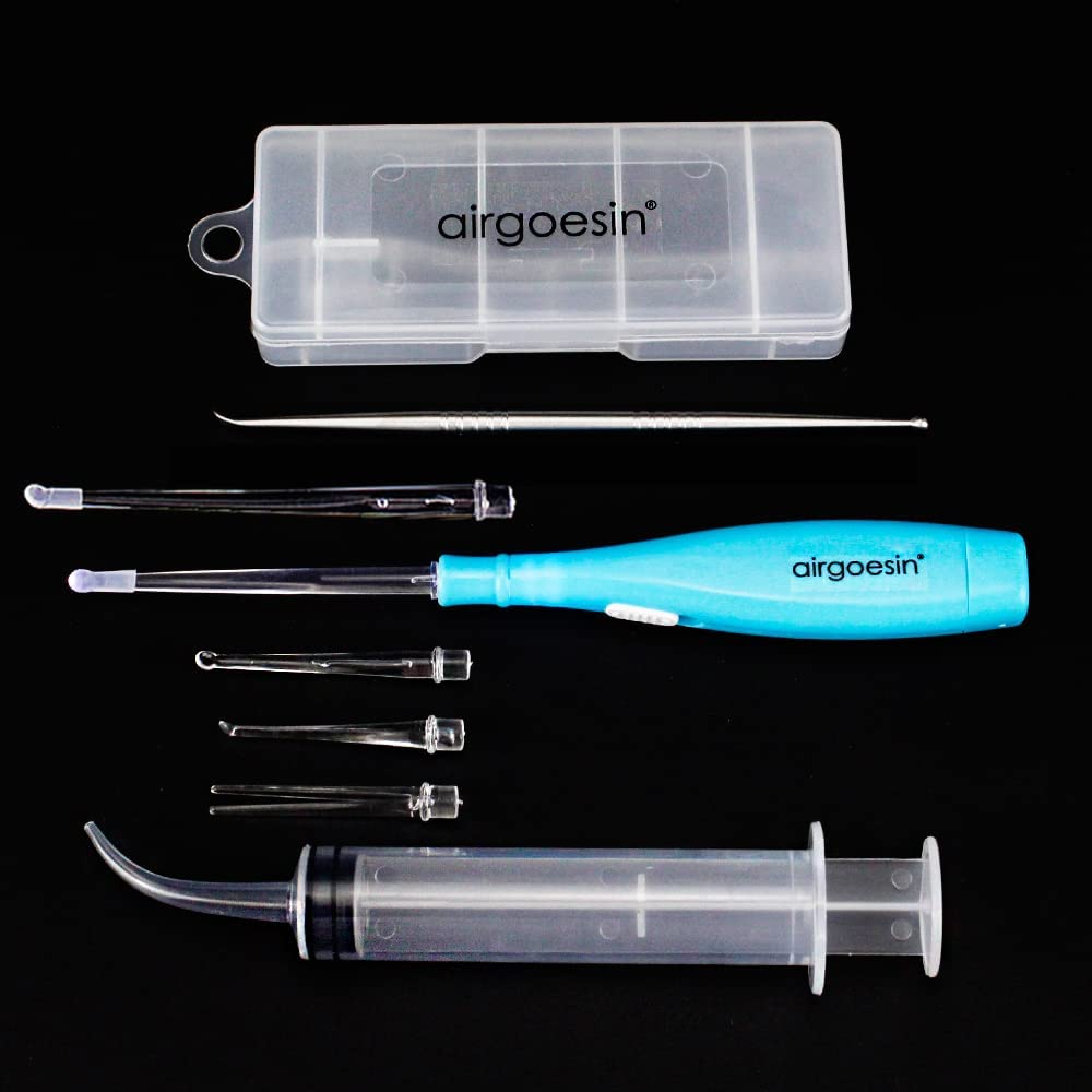 Airgoesin New Version Lighted Tonsil Stone Removing Tool, 5 Tips, Case + 1 Stainless Steel Tonsillolith Pick + 1 Irrigation Syringe Curved Tip Oral Rinse