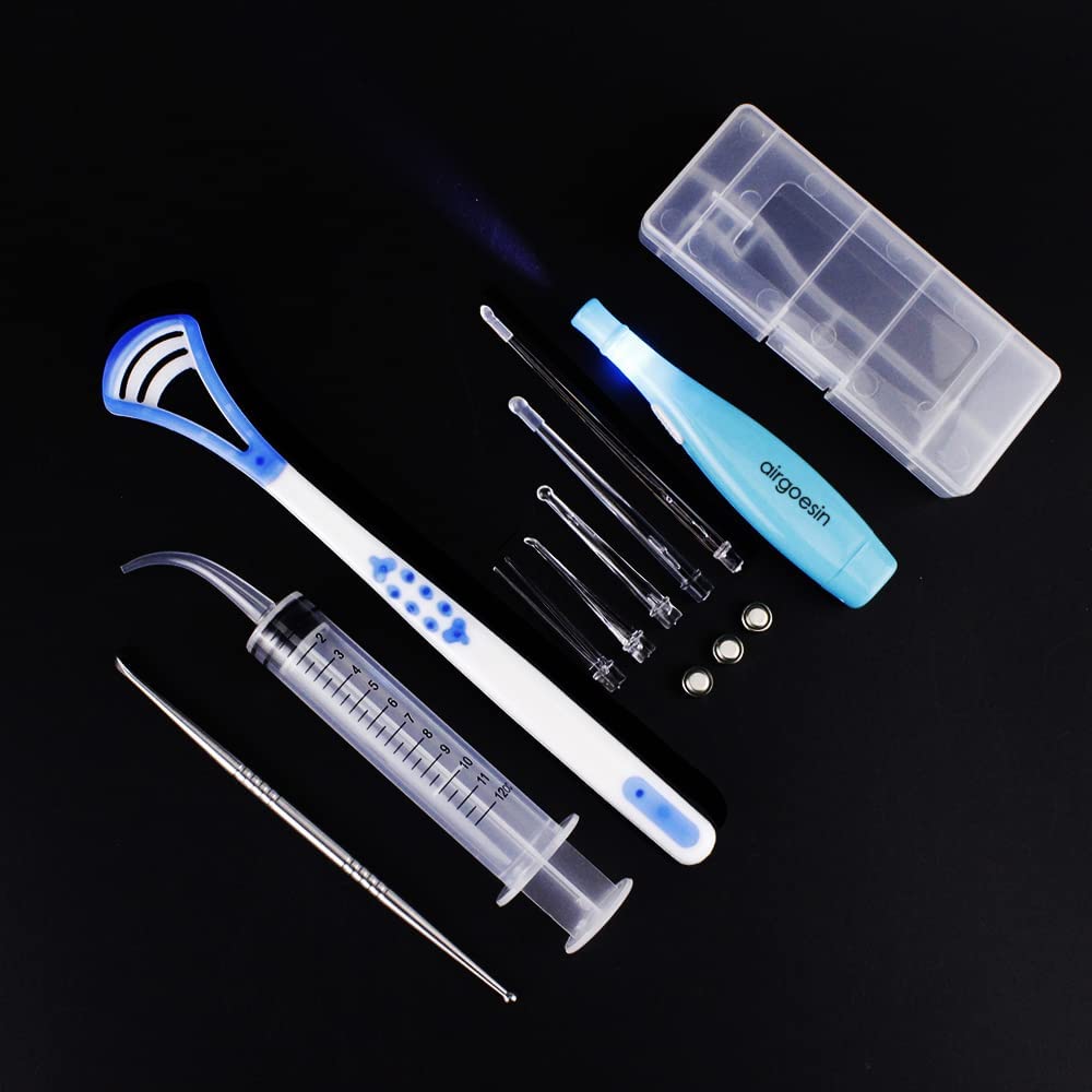 Airgoesin Professional Tonsil Stone Remover Tool LED Light (Blue) | Stainless Steel Extract Throat Stones Oral Care | Irrigation Syringe | Tongue Cleaner Scraper