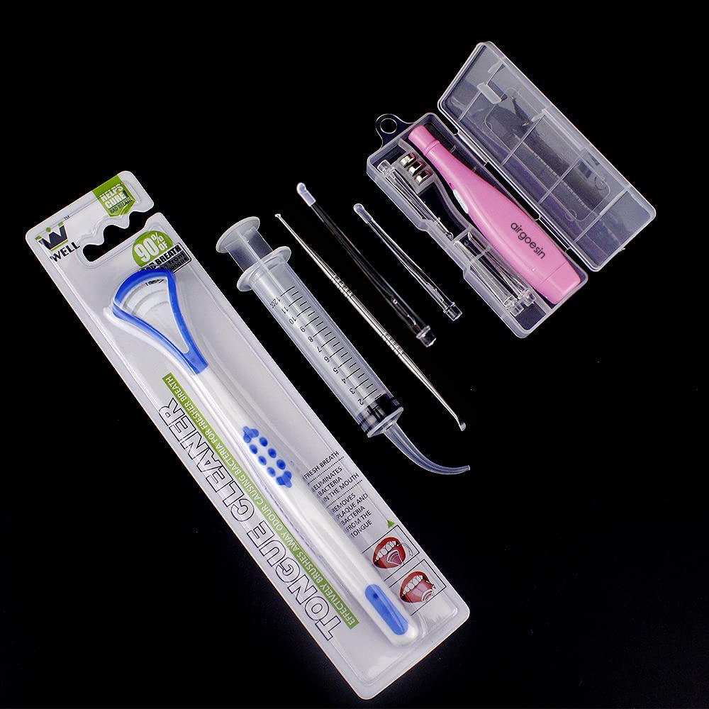 Airgoesin Professional Tonsil Stone Remover Tool LED Light (Blue) | Stainless Steel Extract Throat Stones Oral Care | Irrigation Syringe | Tongue Cleaner Scraper