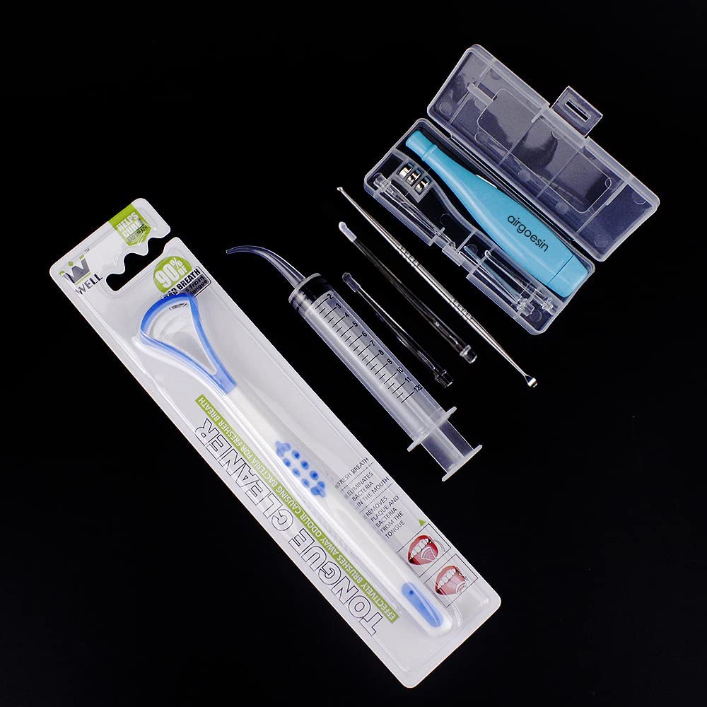 Airgoesin Professional Tonsil Stone Remover Tool LED Light (Blue) | Stainless Steel Extract Throat Stones Oral Care | Irrigation Syringe | Tongue Cleaner Scraper