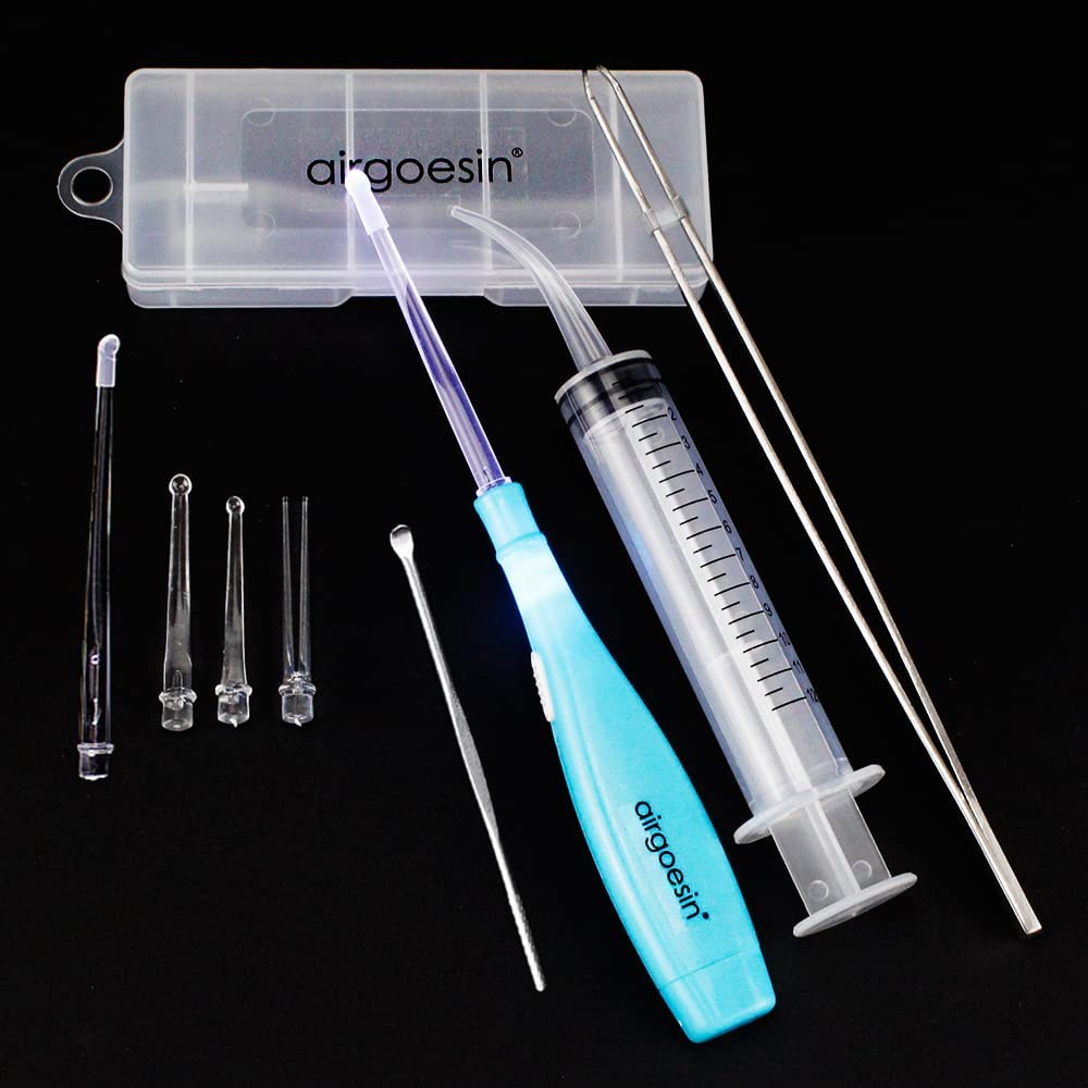 Airgoesin Tonsil Stone Removal Tool Lighted + Irrigation Syringe + Tonsillolith Tweezers Pliers (blue)