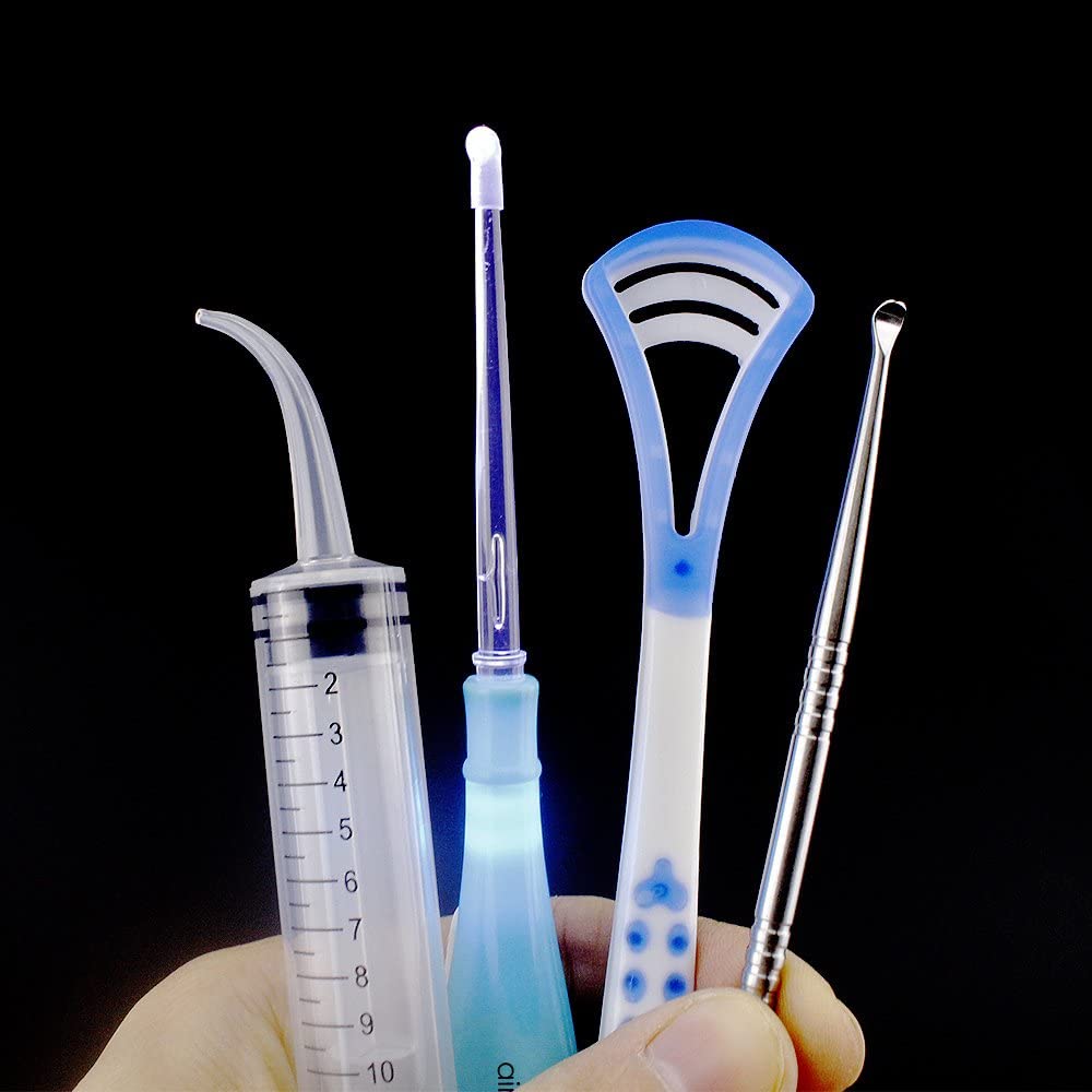 Airgoesin Professional Tonsil Stone Remover Tool LED Light (Blue) | Stainless Steel Extract Throat Stones Oral Care | Irrigation Syringe | Tongue Cleaner Scraper