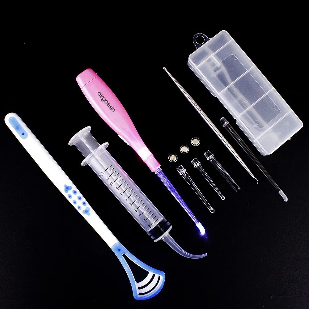 Airgoesin Professional Tonsil Stone Remover Tool LED Light | Stainless Steel Tonsillolith Pick Oral Care | Irrigation Syringe | Tongue Cleaner Scraper