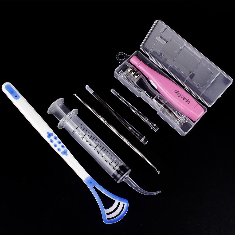 Airgoesin Professional Tonsil Stone Remover Tool LED Light (Blue) | Stainless Steel Extract Throat Stones Oral Care | Irrigation Syringe | Tongue Cleaner Scraper