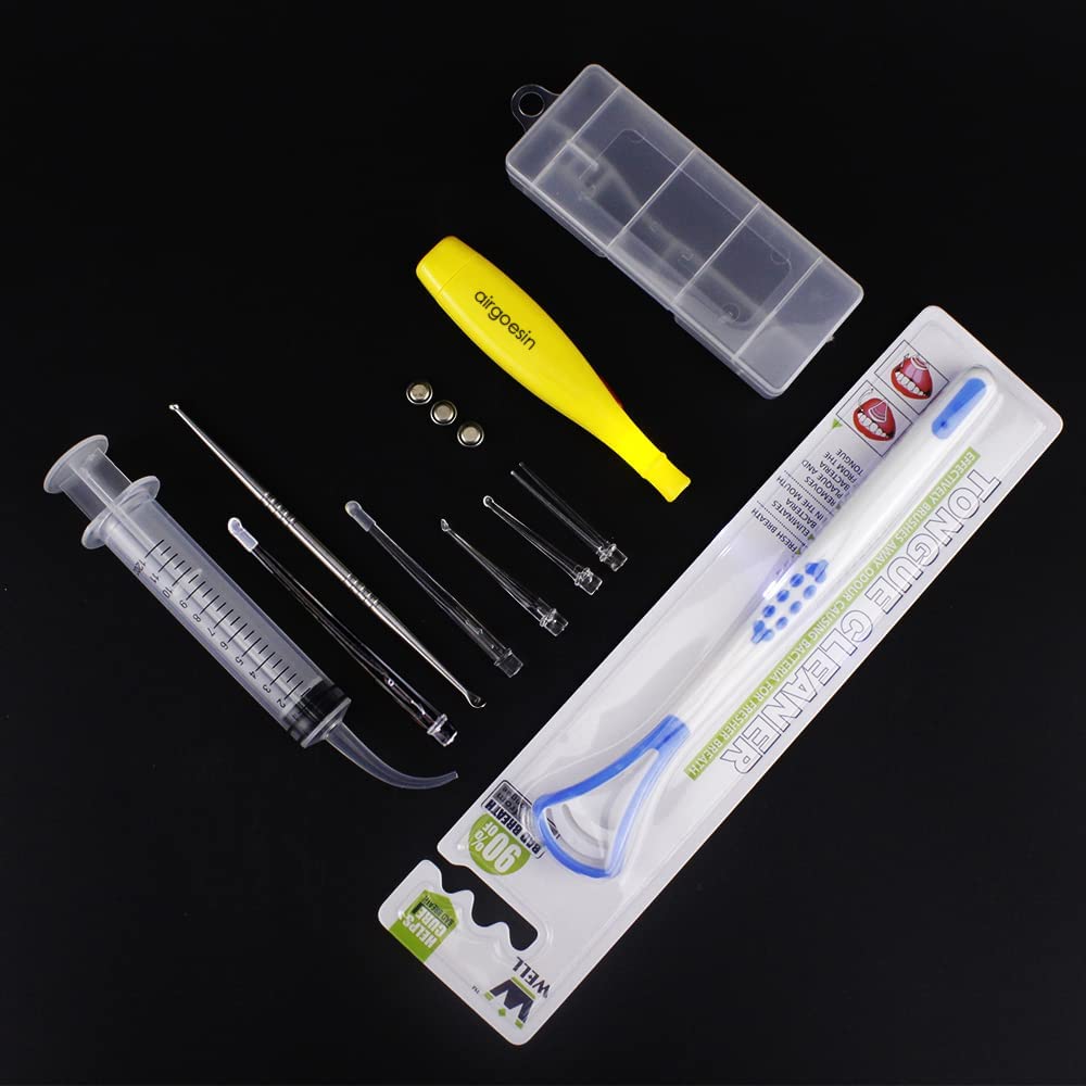 Airgoesin Professional Tonsil Stone Remover Tool LED Light (Blue) | Stainless Steel Extract Throat Stones Oral Care | Irrigation Syringe | Tongue Cleaner Scraper