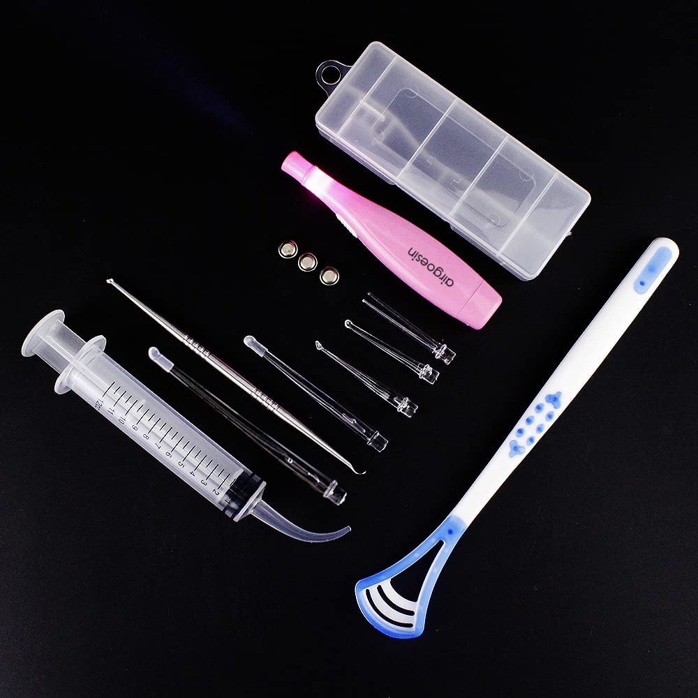 Airgoesin Professional Tonsil Stone Remover Tool LED Light (Blue) | Stainless Steel Extract Throat Stones Oral Care | Irrigation Syringe | Tongue Cleaner Scraper