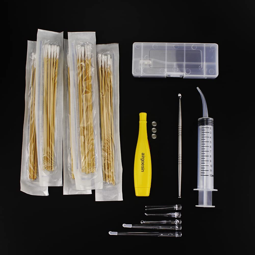 Airgoesin Tonsil Stone Removal Set: 1 Stainless Steel Tonsil Stone Removal Tool, 1 Longer Tonsillolith Exorcism Kit Flashlight, 50 Swabs and 1 Curved Irrigator Syringe to Get Rid of Bad Breath