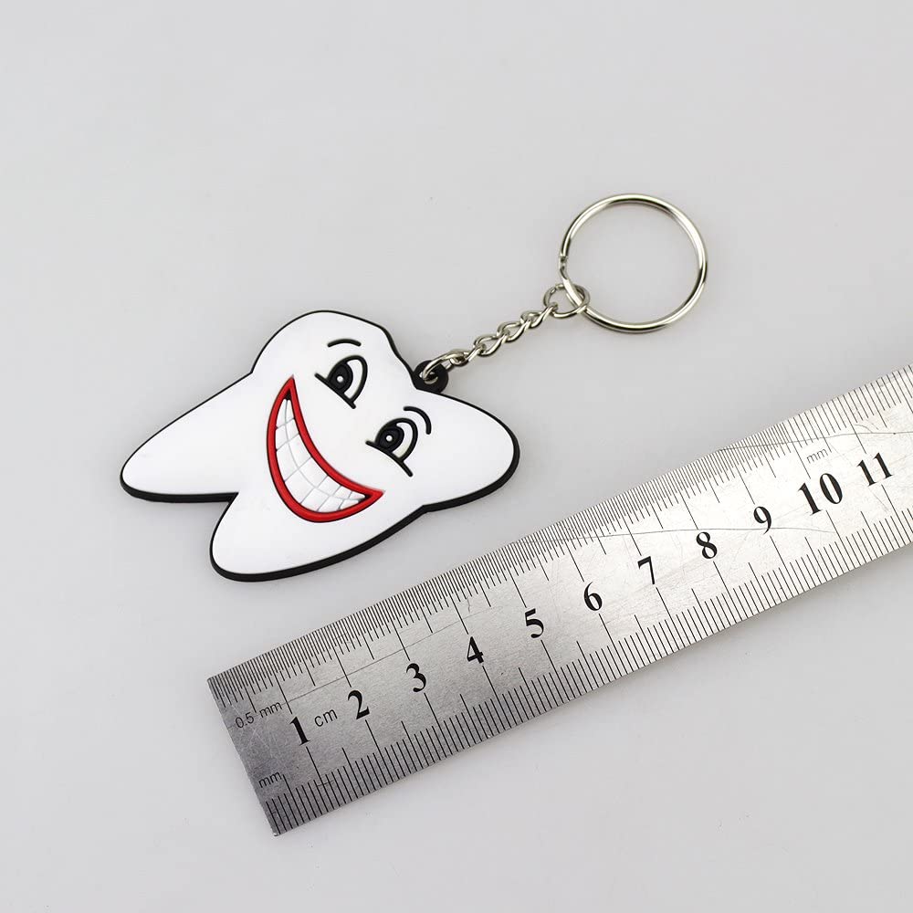Airgoesin 100pcs Keychain Key Ring Hang Rubber Tooth Smile Shape Dental Clinic Gift Christmas Holiday Charms for Kids Birthday Party Favors & School Carnival Prizes