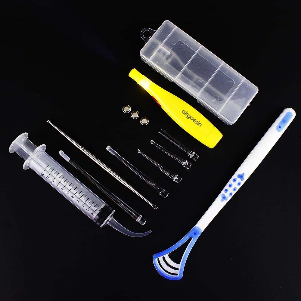 Airgoesin Professional Tonsil Stone Remover Tool LED Light (Blue) | Stainless Steel Extract Throat Stones Oral Care | Irrigation Syringe | Tongue Cleaner Scraper