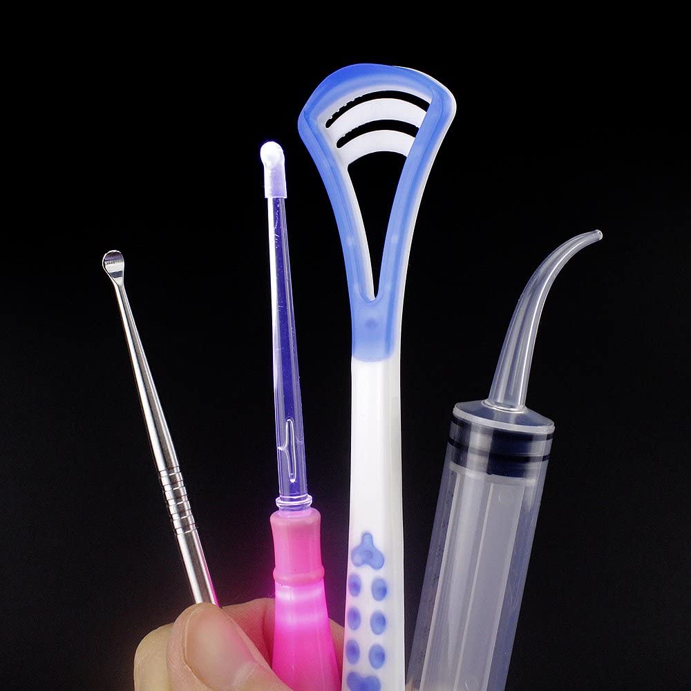 Airgoesin Professional Tonsil Stone Remover Tool LED Light (Blue) | Stainless Steel Extract Throat Stones Oral Care | Irrigation Syringe | Tongue Cleaner Scraper