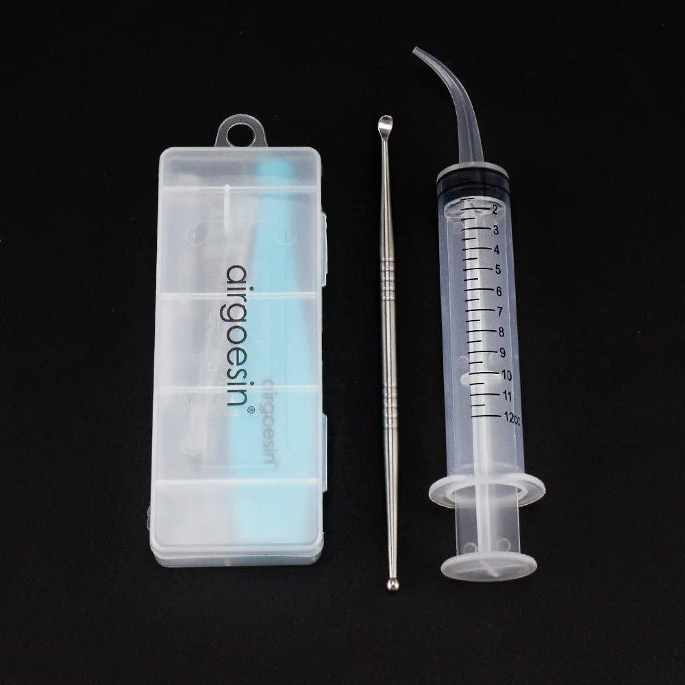 Airgoesin New Version Lighted Tonsil Stone Removing Tool, 5 Tips, Case + 1 Stainless Steel Tonsillolith Pick + 1 Irrigation Syringe Curved Tip Oral Rinse