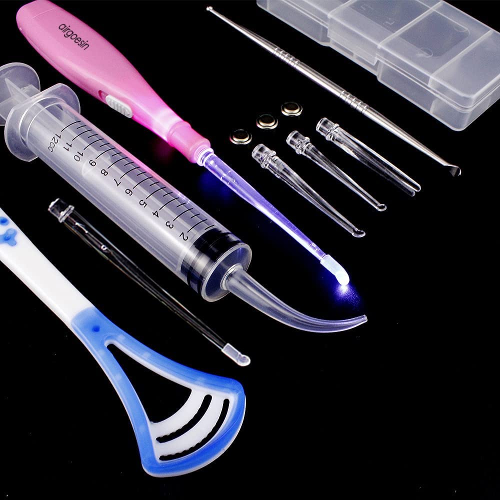 Airgoesin Professional Tonsil Stone Remover Tool LED Light (Blue) | Stainless Steel Extract Throat Stones Oral Care | Irrigation Syringe | Tongue Cleaner Scraper