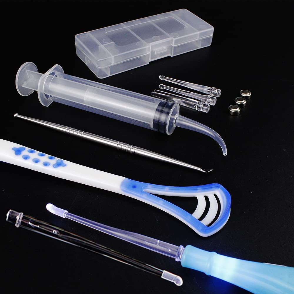 Airgoesin Professional Tonsil Stone Remover Tool LED Light (Blue) | Stainless Steel Extract Throat Stones Oral Care | Irrigation Syringe | Tongue Cleaner Scraper