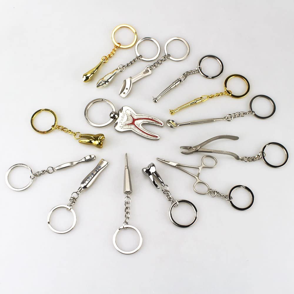 Airgoesin 14pcs Key Chain Ring Hang Forcep Mirror Tooth Brush Toothpaste Tray Plier Tool Dental Gift