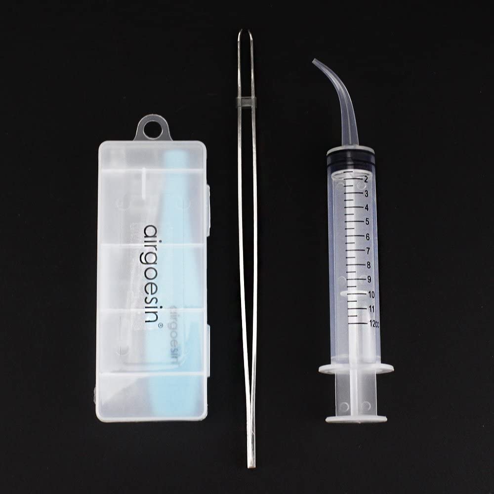 Airgoesin Tonsil Stone Removal Tool Lighted + Irrigation Syringe + Tonsillolith Tweezers Pliers (blue)