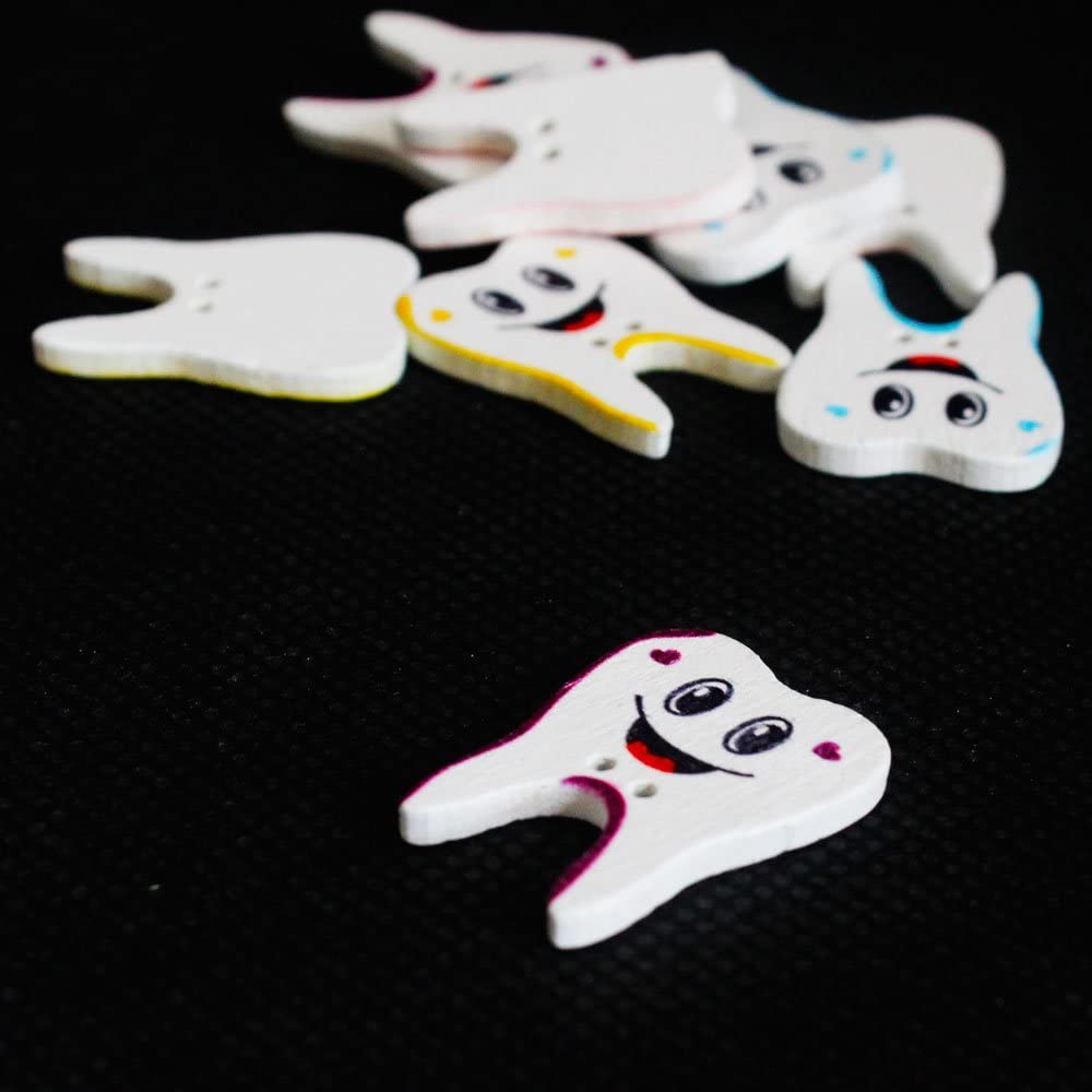 Airgoesin 200pcs Sewing Button Art Crafts Wooden Dental Tooth Shape Smile Face Cute Gift