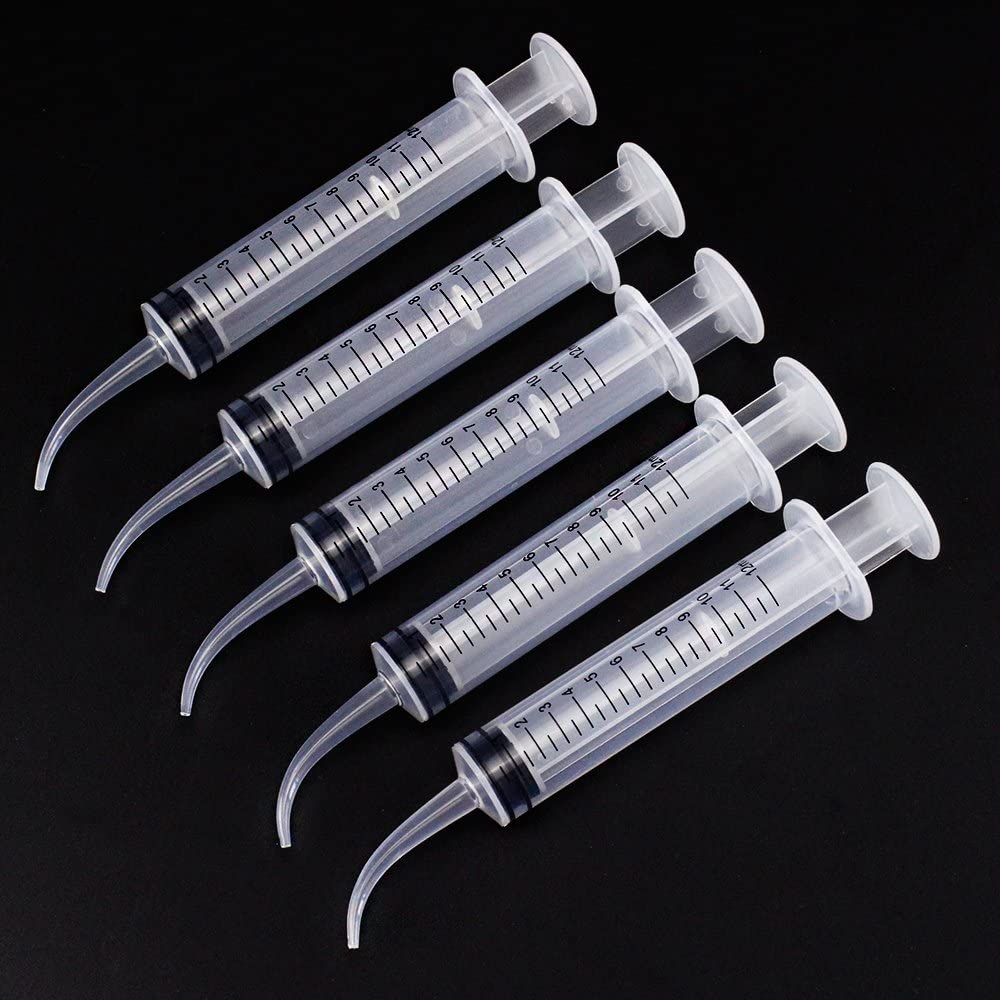 Airgoesin 5pcs Graduated Dental Irrigation Syringe Oral Irrigator with Tapered Curved Tip for Crowns, Bridges Tonsil Stone Squirt Mouthwash Cleaner 12ml