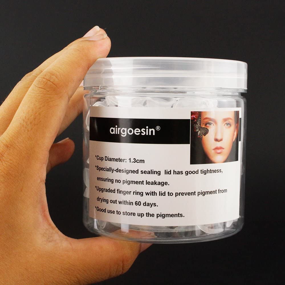 Airgoesin 40pcs Pigment Ink Glue Cup Tattoo Finger Ring Holder Container with Cover Lid Eyebrow Refill Color Eyelash Cap Hand Tool + Storage Box Jar