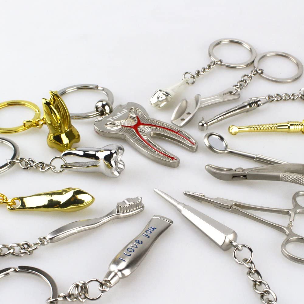 Airgoesin 14pcs Key Chain Ring Hang Forcep Mirror Tooth Brush Toothpaste Tray Plier Tool Dental Gift
