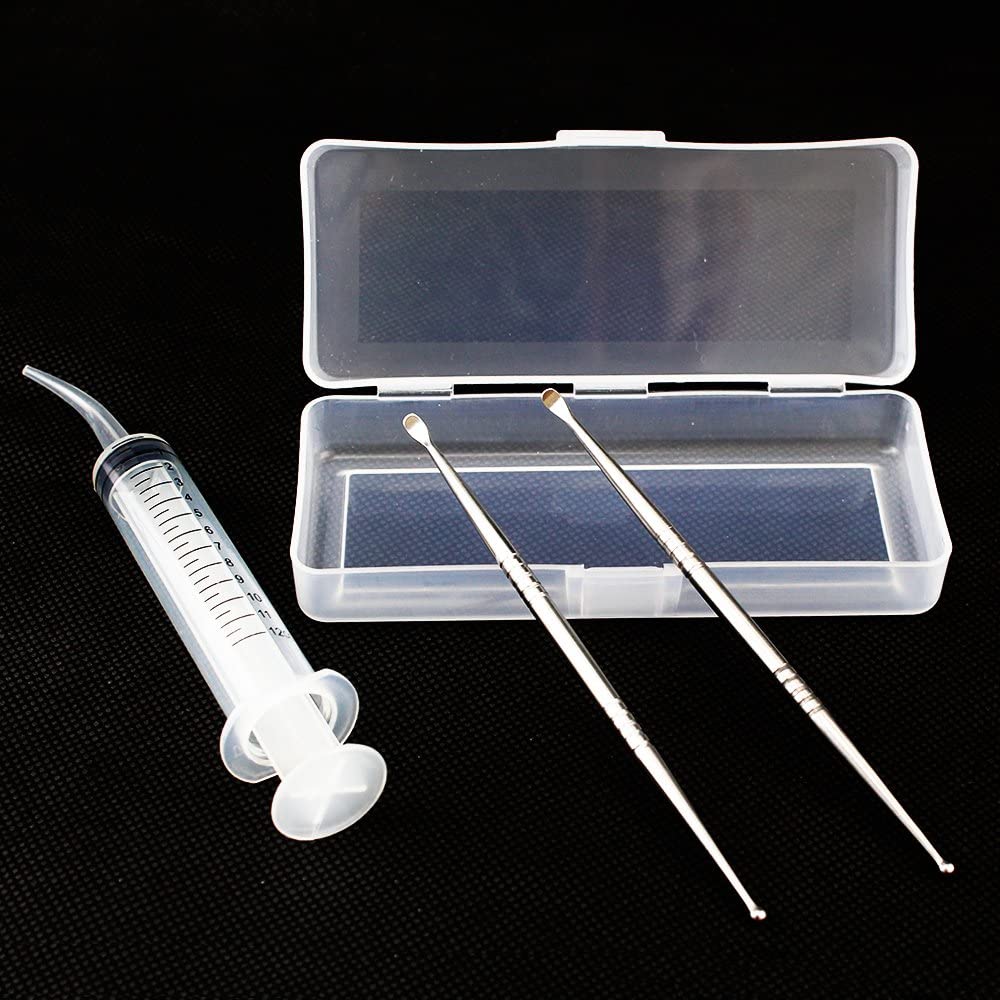 Airgoesin 2 Stainless Steel Tonsil Stone Removal Picks Tonsillolith Premium Tool Oral Cleaner +1 Irrigation Syringe with a Case and a LED Tonsil Remover Tool