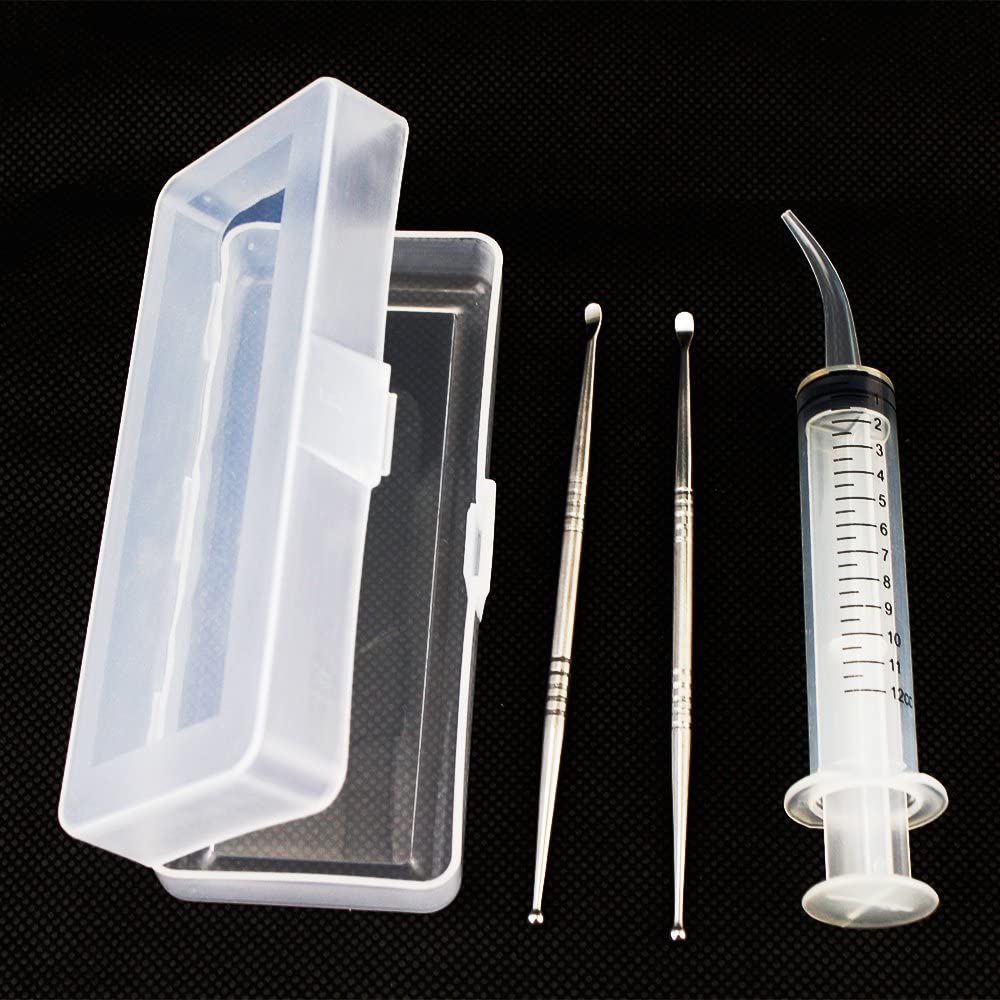 Airgoesin 2 Stainless Steel Tonsil Stone Removal Picks Tonsillolith Premium Tool Oral Cleaner +1 Irrigation Syringe with a Case and a LED Tonsil Remover Tool