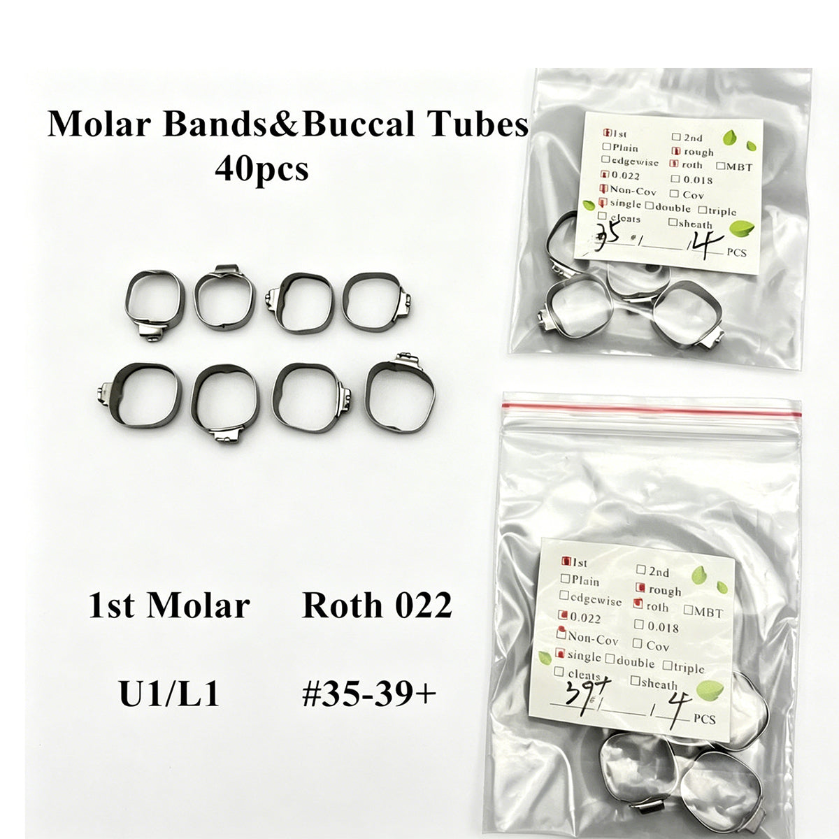 40pcs Dental Orthodontic 1st Molar Bands & Buccal Tubes Bracket Roth 022 #35-39+