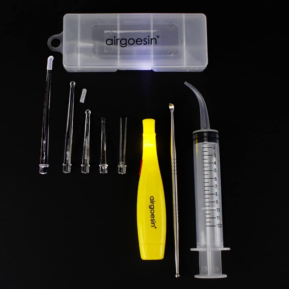 Airgoesin Lighted Tonsil Stone Removing Tool, 5 Tips, Box + 1 Stainless Steel Tonsillolith Pick + 1 Irrigation Syringe Gift