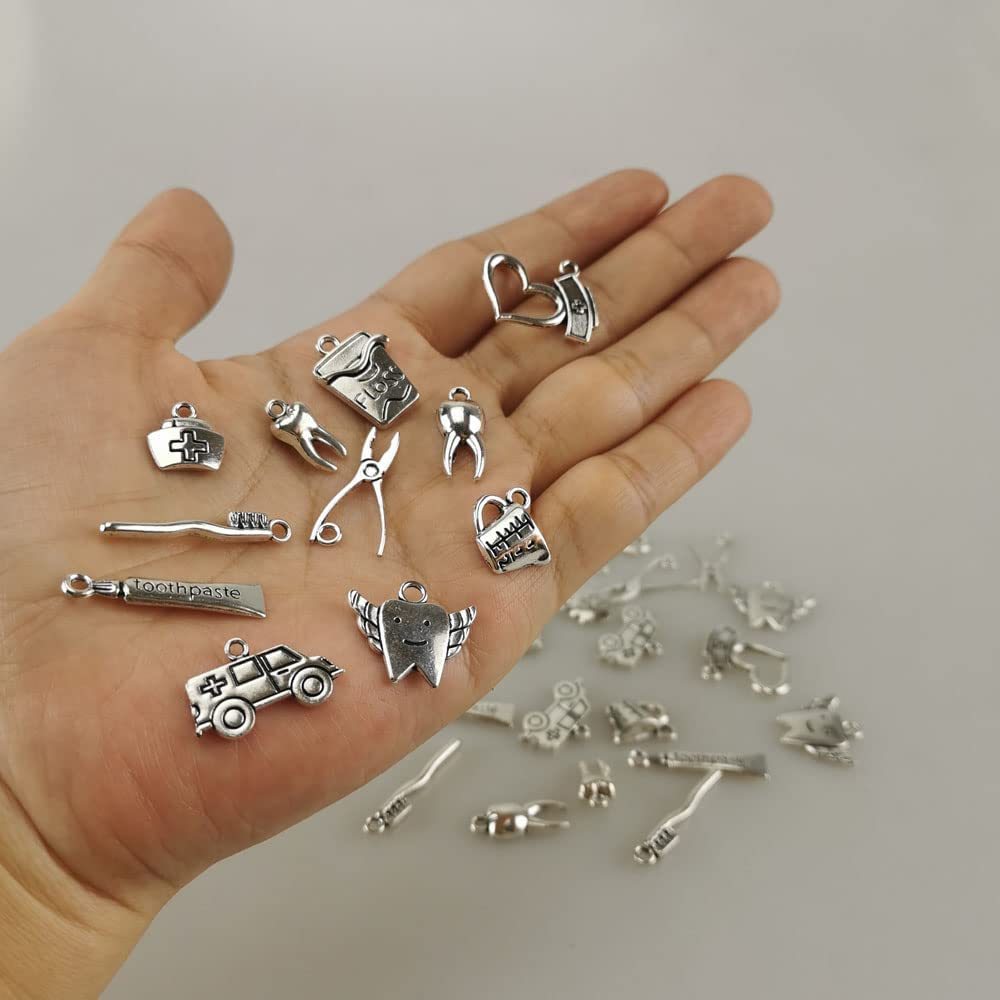 30pcs Mixed Vintage Tooth Charms Toothbrush Toothpaste for Jewelry Earrings Making Smooth Tibetan Silver Metal Charms Pendants DIY for Necklace Bracelet Crafting Gift (#1-Toothpaste)