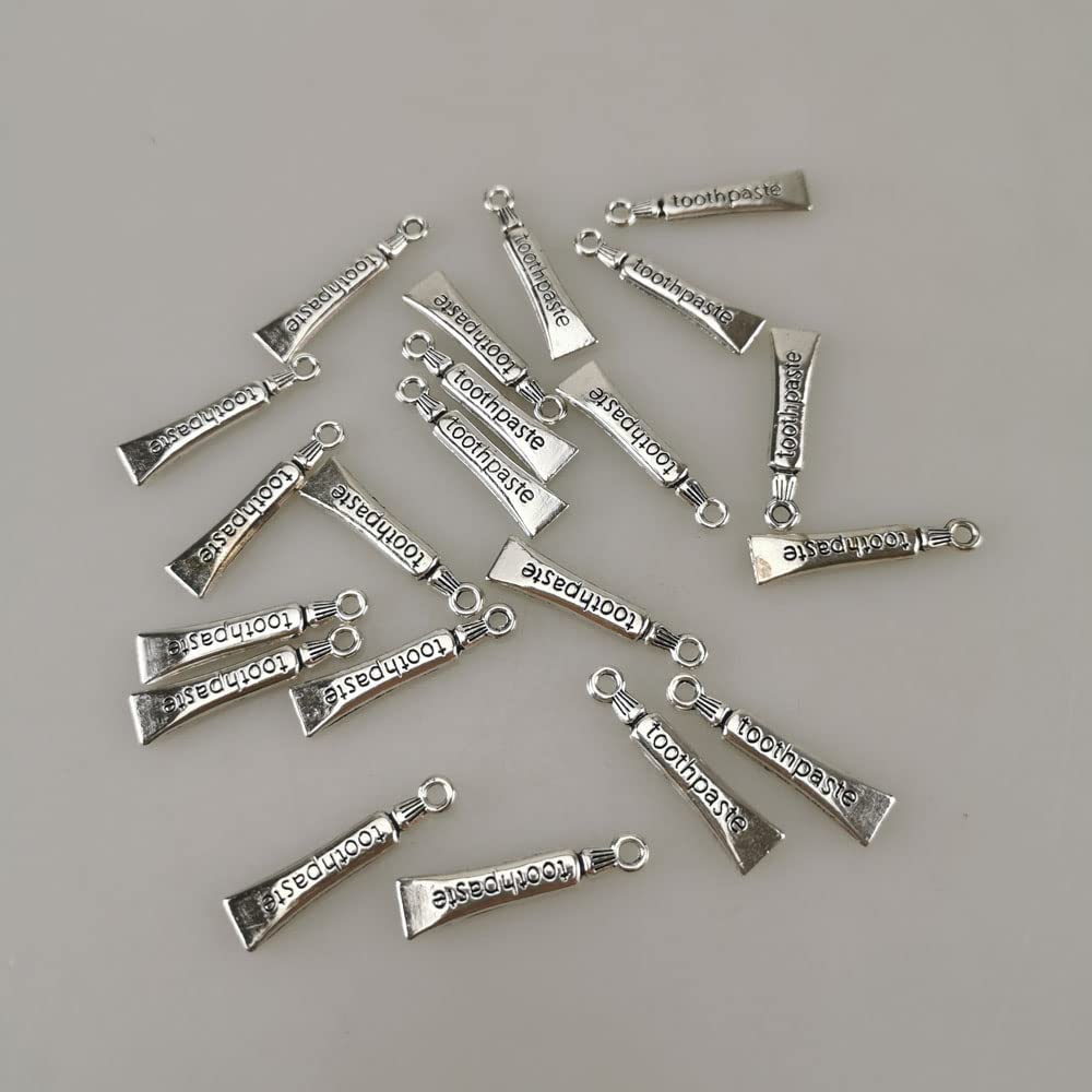 30pcs Mixed Vintage Tooth Charms Toothbrush Toothpaste for Jewelry Earrings Making Smooth Tibetan Silver Metal Charms Pendants DIY for Necklace Bracelet Crafting Gift (#1-Toothpaste)