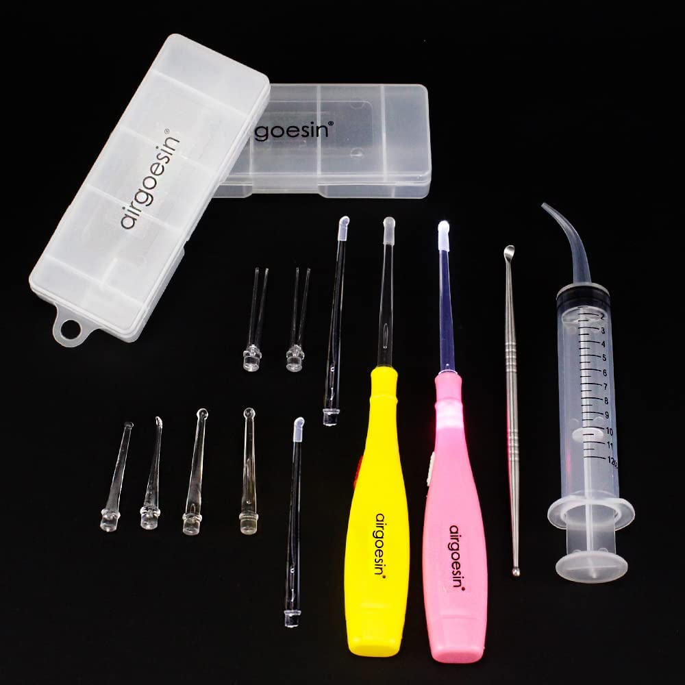 Airgoesin Longer Tips 2 Sets Tonsil Stone Remover Kit w/LED Tool, Irrigation Syringe & Stainless Tonsil Pick