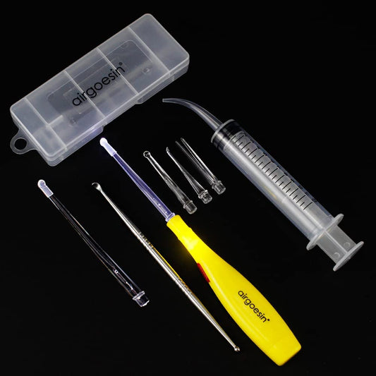 Airgoesin Lighted Tonsil Stone Removing Tool, 5 Tips, Box + 1 Stainless Steel Tonsillolith Pick + 1 Irrigation Syringe Gift