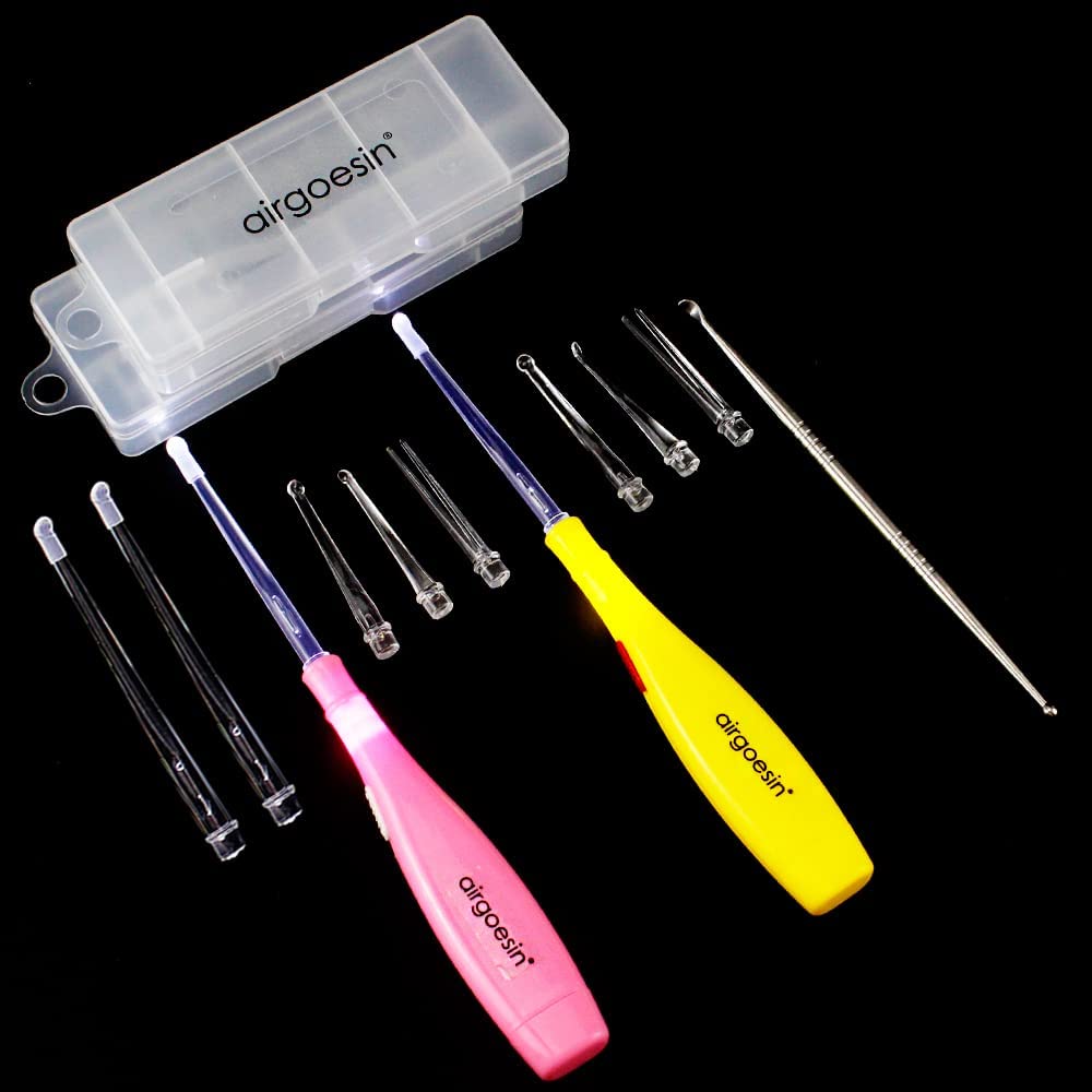 Airgoesin Improved 2 Sets Lighted Tonsil Stone Remove Tool, with Box + 1 Stainless Steel Tonsil Tonsillolith Pick Oral Clean