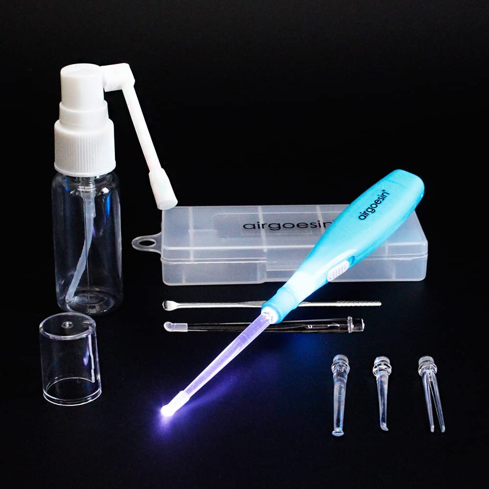 Airgoesin 6.75" Tonsil Stone Removing Tool Extract Throat Stones with LED Light Pick, 5 Tips + Mist Pumping Bottle Empty 20ml Oral Care Clean