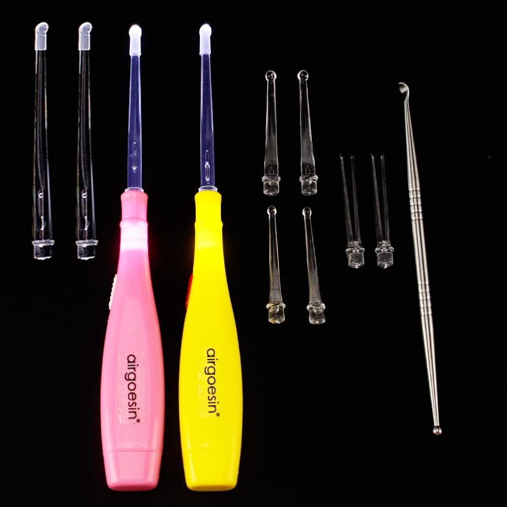 Airgoesin Improved 2 Sets Lighted Tonsil Stone Remove Tool, with Box + 1 Stainless Steel Tonsil Tonsillolith Pick Oral Clean