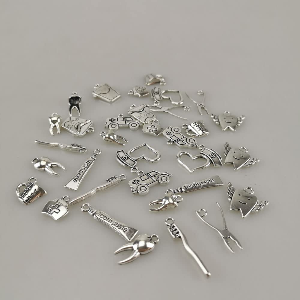 30pcs Mixed Vintage Tooth Charms Toothbrush Toothpaste for Jewelry Earrings Making Smooth Tibetan Silver Metal Charms Pendants DIY for Necklace Bracelet Crafting Gift (#1-Toothpaste)