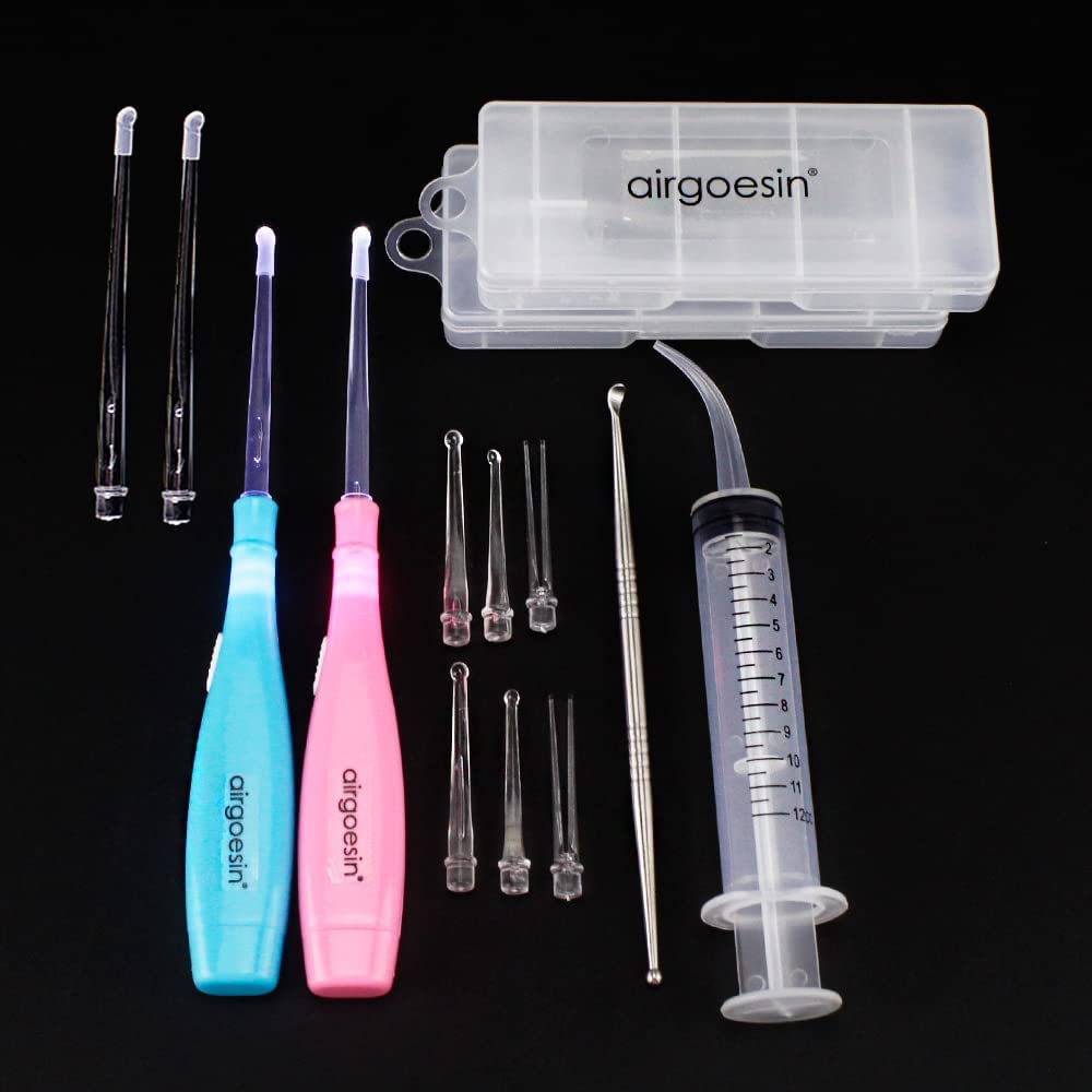 Airgoesin Longer Tips 2 Sets Tonsil Stone Remover Kit w/LED Tool, Irrigation Syringe & Stainless Tonsil Pick
