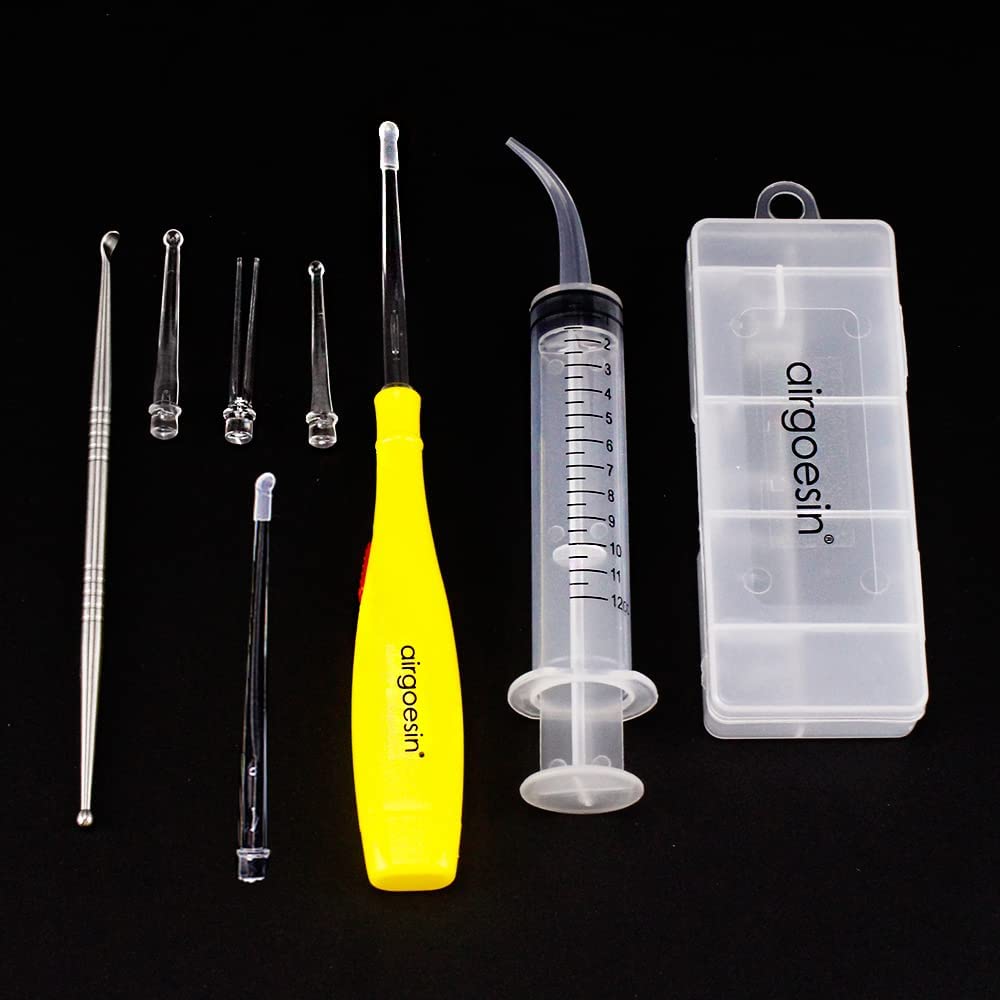 Airgoesin Lighted Tonsil Stone Removing Tool, 5 Tips, Box + 1 Stainless Steel Tonsillolith Pick + 1 Irrigation Syringe Gift