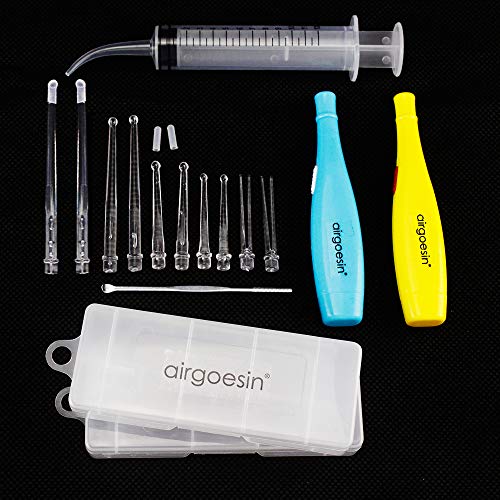 Airgoesin™ 2 Lighted Earwax Removal or Tonsil Stone Remover Tool, 10 Tips, Tonsillolith Pick Case + Irrigator Clean