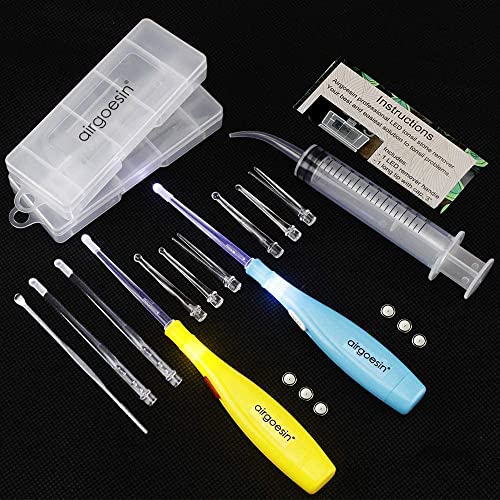 Airgoesin™ 2 Lighted Earwax Removal or Tonsil Stone Remover Tool, 10 Tips, Tonsillolith Pick Case + Irrigator Clean