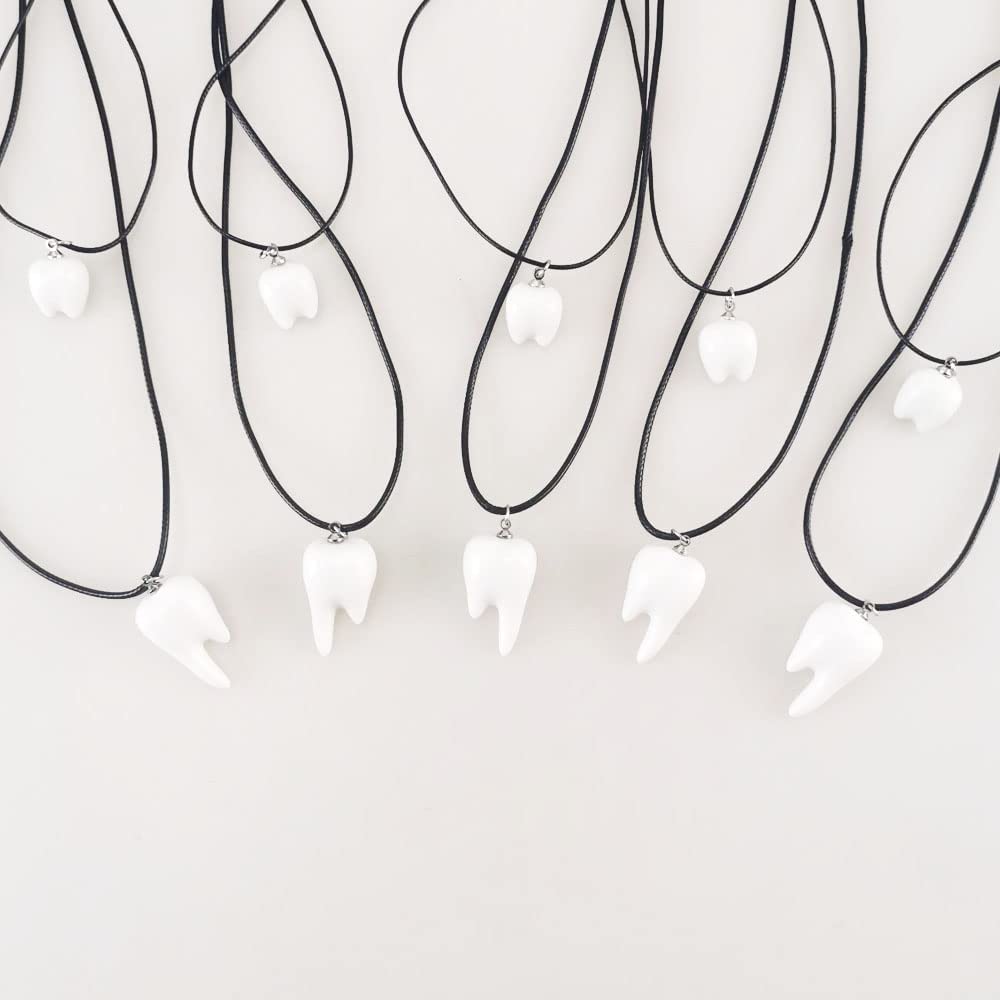 Airgoesin 10pcs Resin Tooth Shape Pendant Necklaces Black Waxed Cord Necklace Dental Office Gift