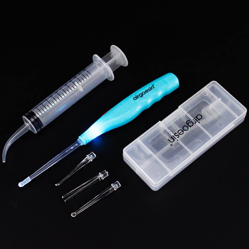 Airgoesin Professional Tonsil Stone Remover Pick Lighted Non-Slip Handle 4 Attachments + Irrigation Syringe