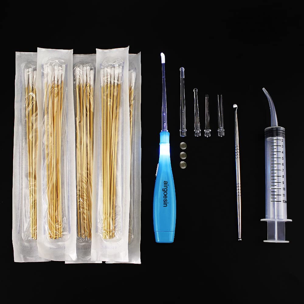 Airgoesin Tonsil Stone Removal Set: 1 Stainless Steel Tonsil Stone Removal Tool, 1 Longer Tonsillolith Exorcism Kit Flashlight, 50 Swabs and 1 Curved Irrigator Syringe to Get Rid of Bad Breath