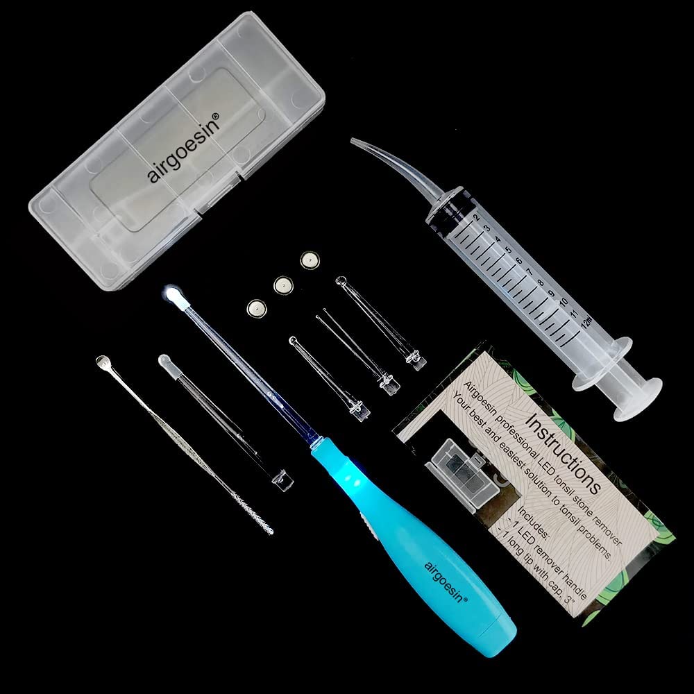 Airgoesin™ Upgraded Tonsil Stone Remover Tool or Earwax Removal, Blue, 5 Tips, Tonsillolith Pick Case + 1 Irrigator Fresh Breath Oral Rinse