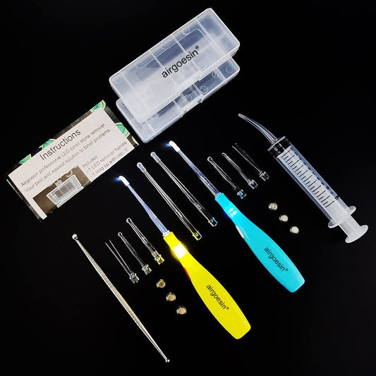 Airgoesin 2 Sets Flashlight Tonsil Stone Removing Tool, with Box + 1 Stainless Steel Tonsillolith Pick + 1 Irrigation Syringe